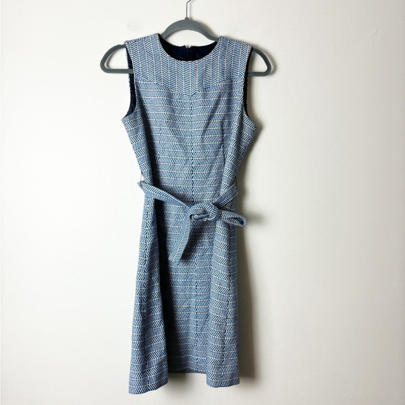 J CREW •Women’s Italian Blue/White Tribal Knit Waist Tie Tweed Sheath Dress Sz 4